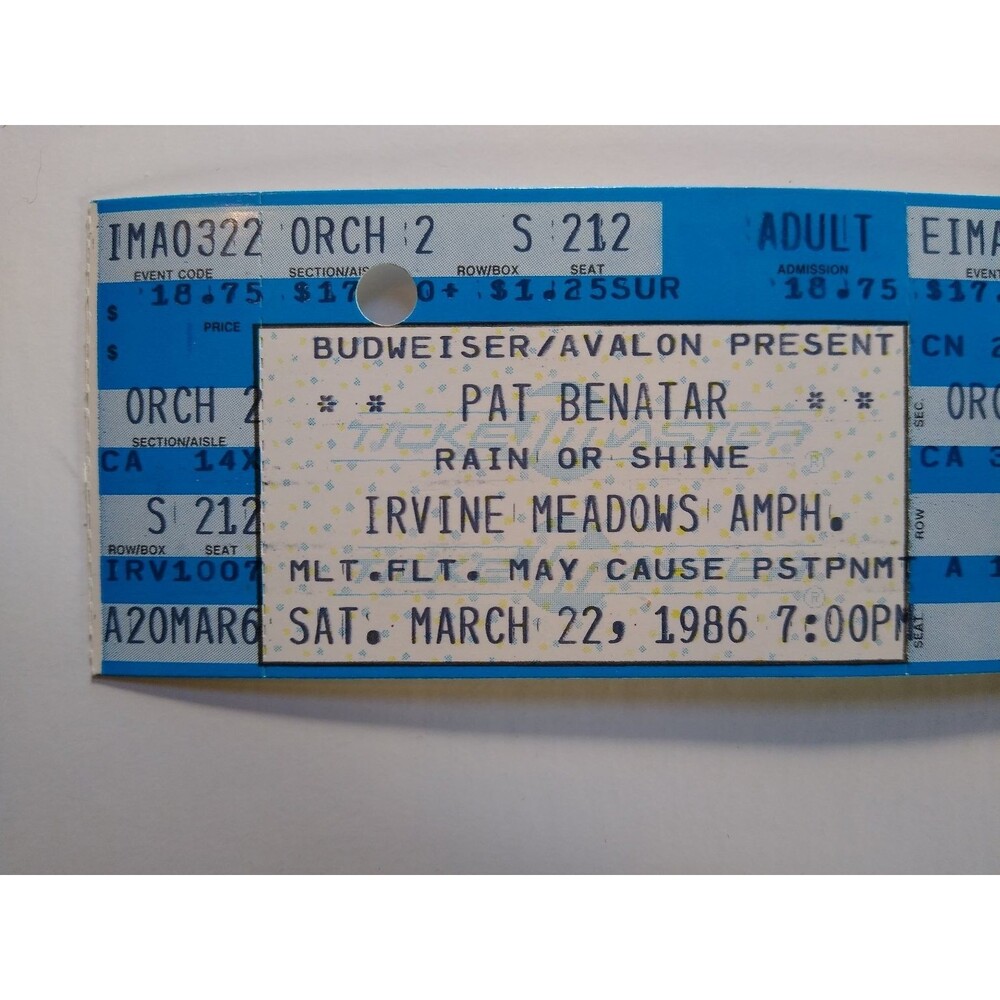 Vintage Pat Benatar Concert Ticket 1986 Irvine Meadows Amphitheatre Pop Rock
